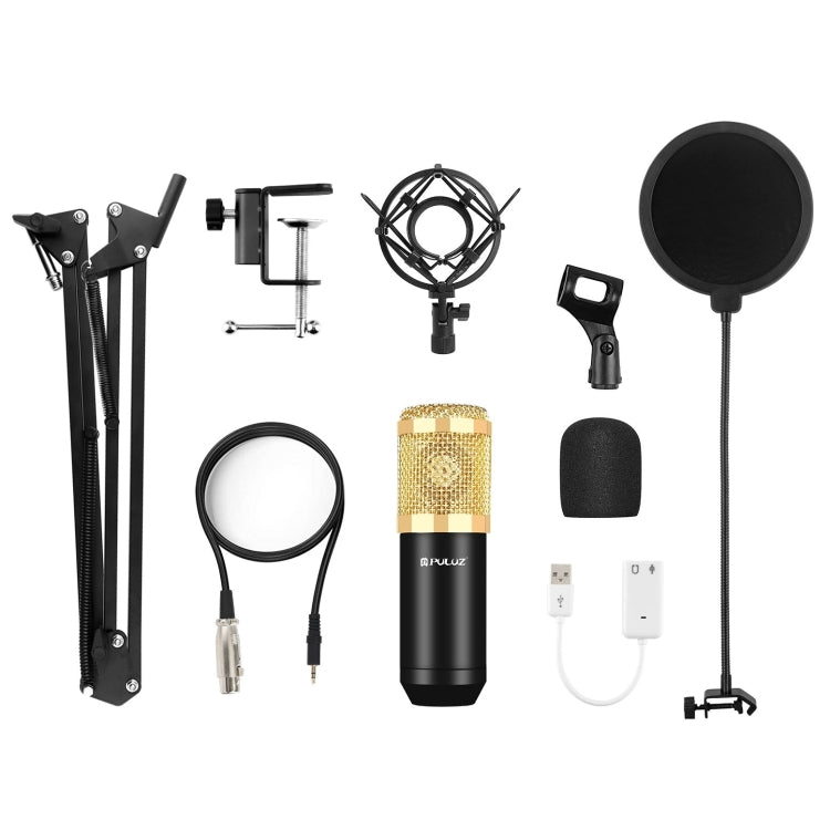 Bộ micro tụ điện phòng thu phát sóng chuyên nghiệp PULUZ với tay đỡ cắt kéo treo, giá đỡ chống sốc kim loại và thẻ âm thanh USB, Nguồn 48V, Bộ micro 48V (Vàng)