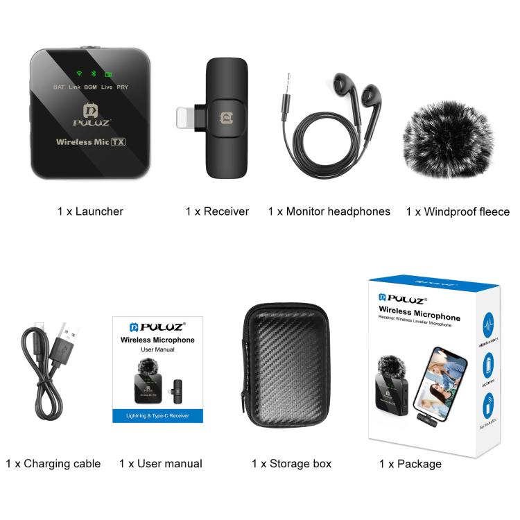 Microphone cài áo không dây PULUZ cho iPhone / iPad, bộ thu 8 chân, 1 TX + 1 RX 8 chân