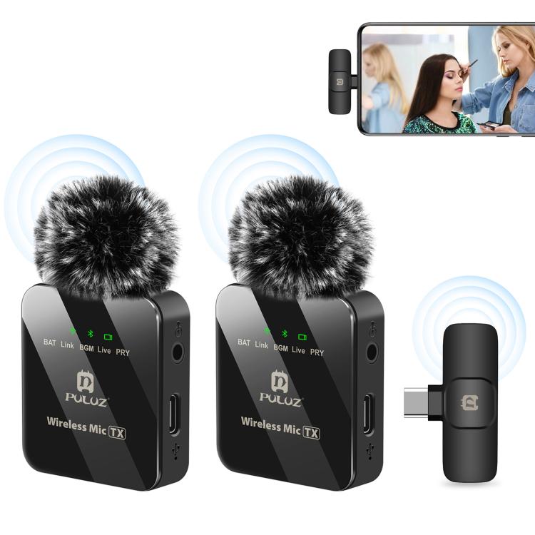 Microphone cài áo không dây PULUZ cho điện thoại Type-C, bộ thu Type-C và micro đôi, 2 TX + 1 RX Type-C