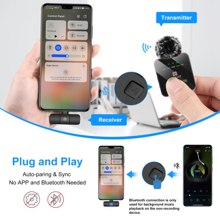 Microphone cài áo không dây PULUZ cho điện thoại Type-C, bộ thu Type-C và micro đôi, 2 TX + 1 RX Type-C