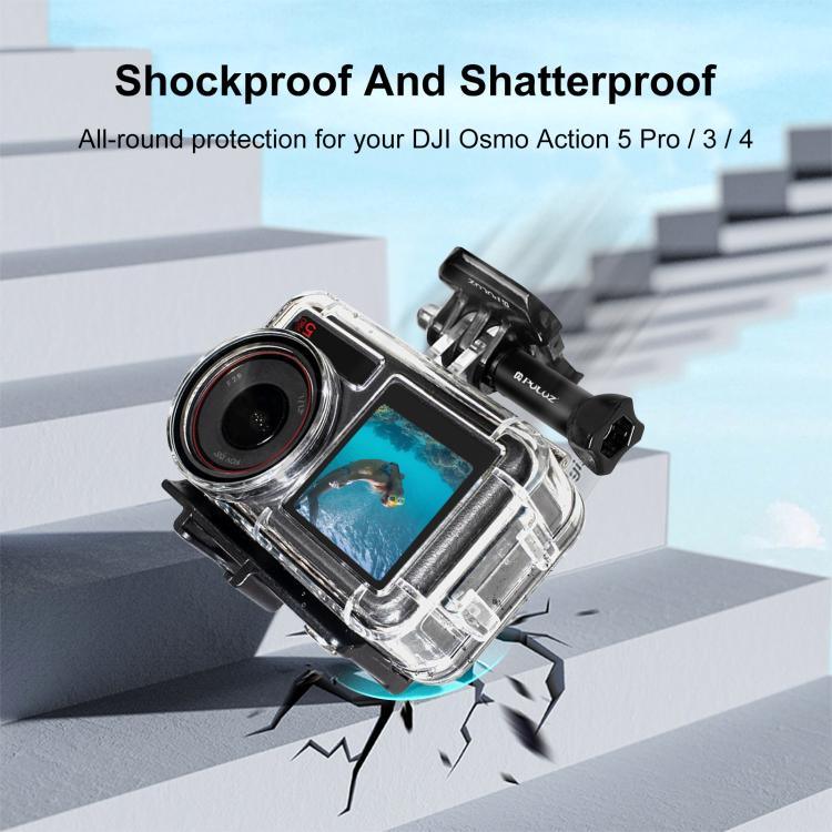 Vỏ chống nước lặn 60m PULUZ cho DJI Osmo Action 5 Pro / 3 / 4 kèm Cold Shoe & khóa gắn cơ bản & ốc vít, Vỏ chống nước cho DJI Osmo Action 3 / 4