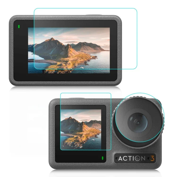 Dành cho DJI Osmo Action 3 PULUZ Bộ 3 trong 1 Ống kính Mặt trước và Mặt sau Kính cường lực Chống nổ, Dành cho DJI Osmo Action 3