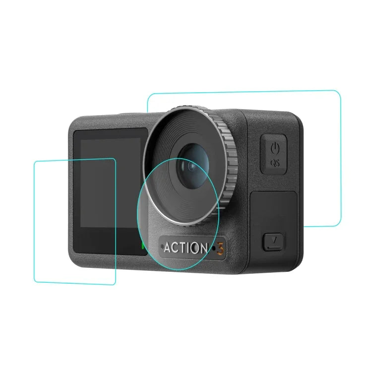 Dành cho DJI Osmo Action 3 PULUZ Bộ 3 trong 1 Ống kính Mặt trước và Mặt sau Kính cường lực Chống nổ, Dành cho DJI Osmo Action 3