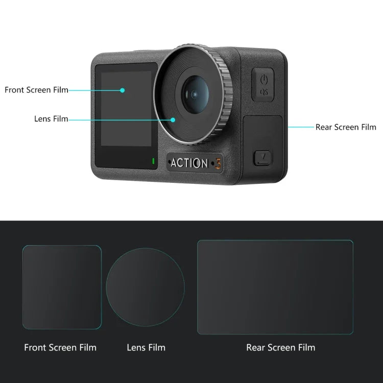 Dành cho DJI Osmo Action 3 PULUZ Bộ 3 trong 1 Ống kính Mặt trước và Mặt sau Kính cường lực Chống nổ, Dành cho DJI Osmo Action 3