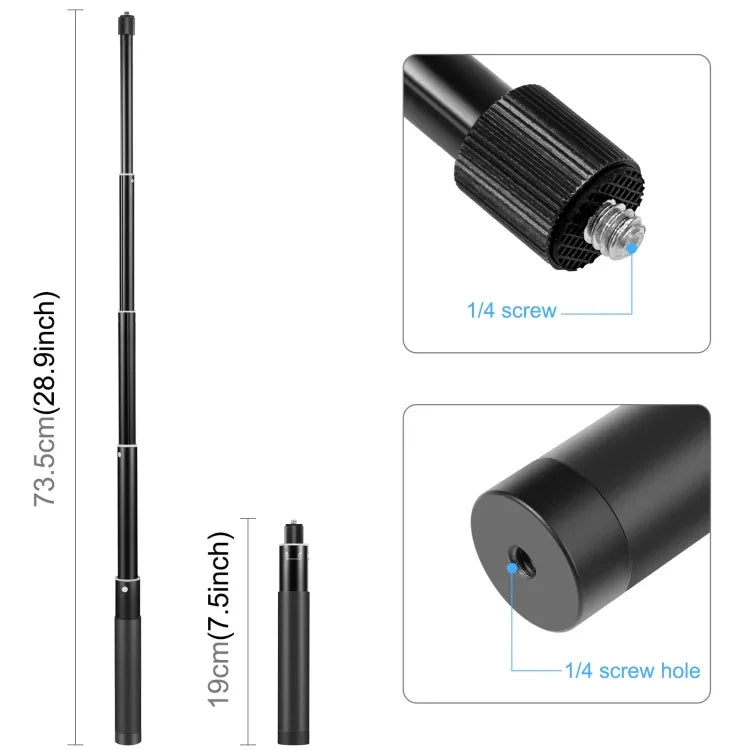 Gậy selfie kim loại PULUZ 73,5cm Monopod với đế chuyển đổi vô hình & ốc vít cho Insta360 One RS / X2 / X3 / DJI Osmo 360, Monopod 70cm