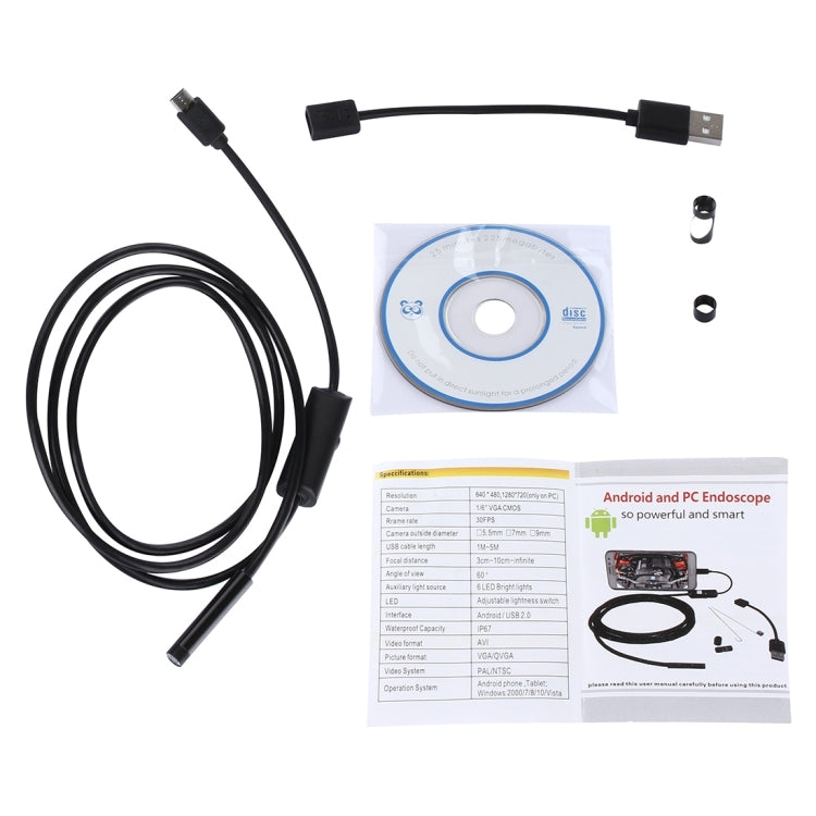 Camera nội soi ống rắn Micro USB chống nước với 6 đèn LED cho điện thoại Android OTG, chiều dài: 1m, đường kính ống kính: 7mm, 7mm