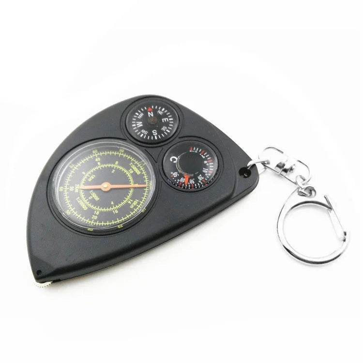 Dụng cụ đo khoảng cách bản đồ 3 trong 1 di động + La bàn + Nhiệt kế có móc khóa cho cắm trại đi bộ đường dài, 3 trong 1 (Đen)
