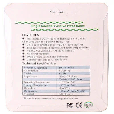 2 cái Bộ chuyển đổi video mạng thụ động UTP CAT5 sang camera CCTV BNC DVR O-612, 206C