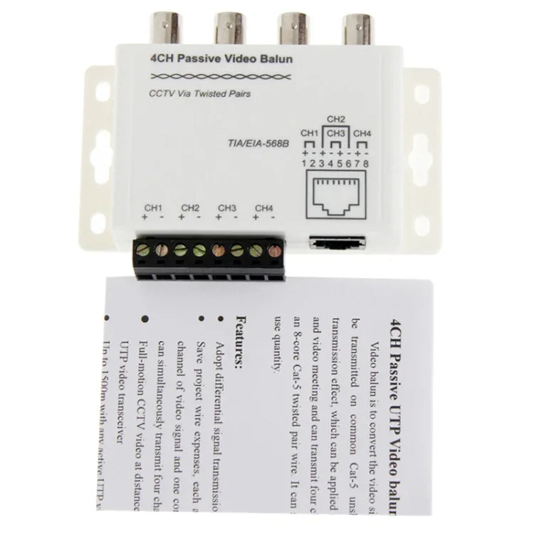 Balun video UTP thụ động 4 kênh / CCTV qua cáp xoắn đôi, Balun video UTP