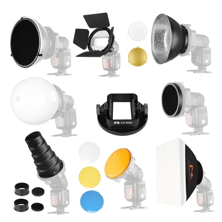 Bộ Phụ Kiện Đèn Flash Falcon Eyes SG-100, Giá Đỡ Chuyển Đổi Đa Năng / Cánh Chắn / Ống Hẹp / Lưới Tổ Ong / Tấm Phản Xạ Tiêu Chuẩn / Lưới Tổ Ong cho Tấm Phản Xạ Mềm / Bóng Khuếch Tán / Gel Màu / Hộp Đèn Mềm