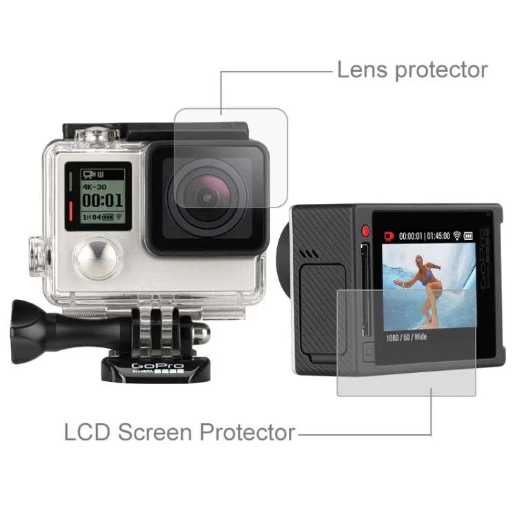 Miếng dán bảo vệ màn hình LCD siêu trong + Miếng dán bảo vệ ống kính kính cường lực cho máy ảnh GoPro HERO4 Silver, HERO4 Silver