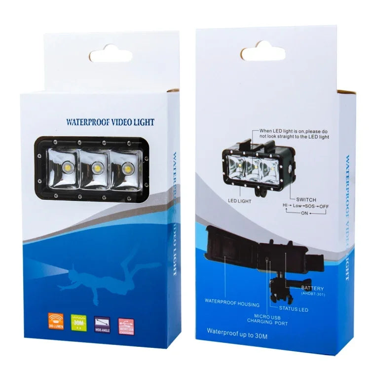 Đèn video chống nước 30M với 3 chế độ đèn pin kèm chân đế và ốc vít cho GoPro, Insta360, DJI và các máy quay hành động khác, chống nước 30M