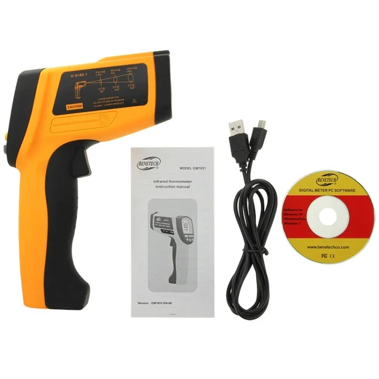 Súng đo nhiệt độ kỹ thuật số USB BENETECH GM1651, nhiệt kế hồng ngoại cầm tay IR, dải đo: -30~1650C, GM1651