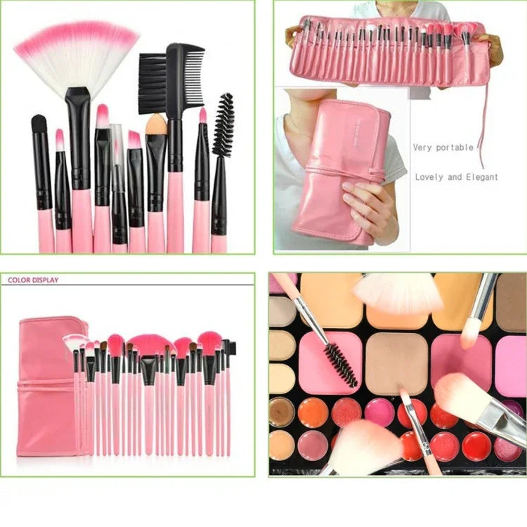 Bộ 24 cây cọ trang điểm lông dê cán hồng kèm túi hồng, 24 cây