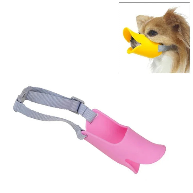 Cute duck silicone dog muzzle in pink color with adjustable strap for dogs, suitable for stopping biting and barking.