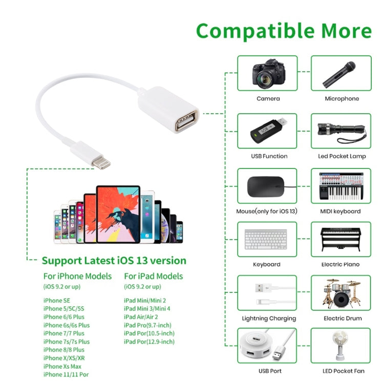 Cáp chuyển đổi USB cái sang 8 chân đực OTG, hỗ trợ iOS 10.2 trở xuống, chiều dài: 18cm