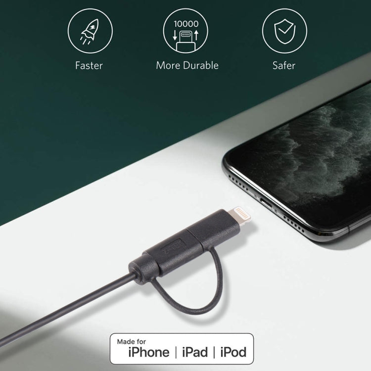 Cáp sạc đồng bộ dữ liệu 1m MFI 2 trong 1 8 chân + Micro USB 2.0 đực sang USB