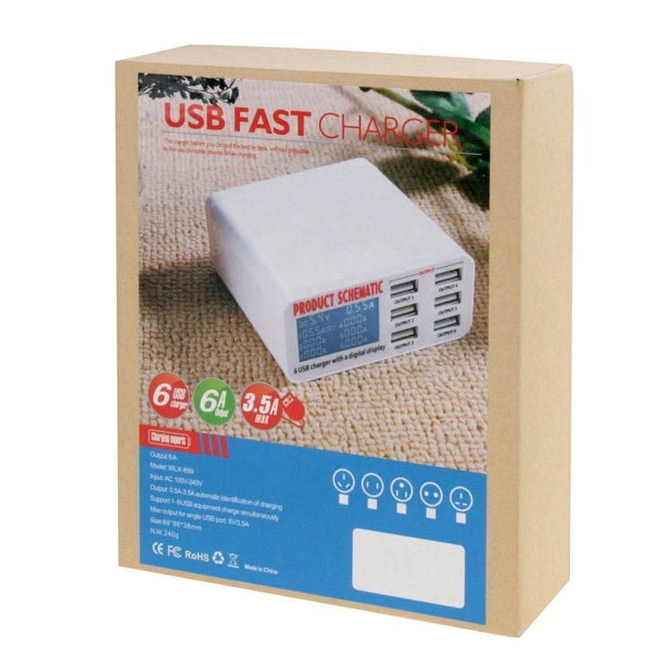 Bộ sạc USB WLX-899 30W 5V 6A đầu ra 3.5A tối đa, 6 cổng USB tốc độ cao có màn hình kỹ thuật số & cáp dài 1.5m, WLX-899