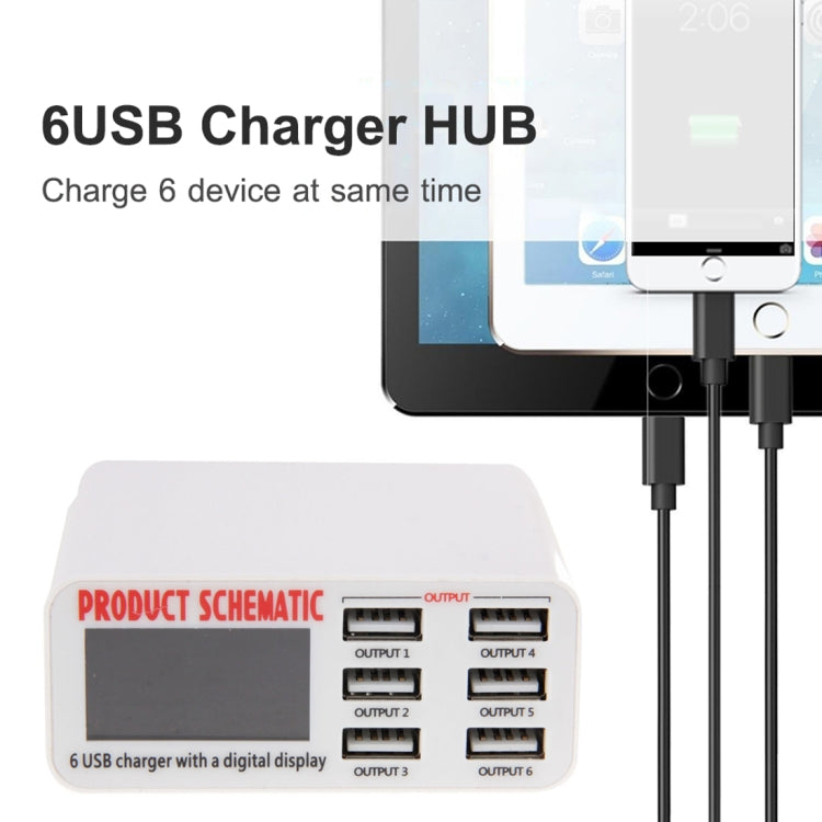 Bộ sạc USB WLX-899 30W 5V 6A đầu ra 3.5A tối đa, 6 cổng USB tốc độ cao có màn hình kỹ thuật số & cáp dài 1.5m, WLX-899