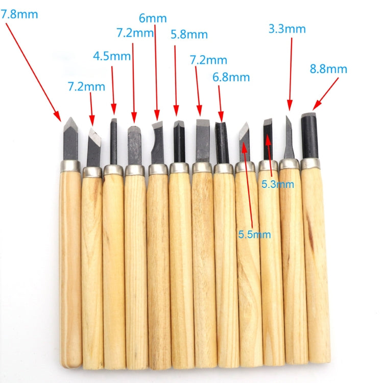 Bộ 12 dụng cụ điêu khắc gỗ đa dạng với lưỡi thép không gỉ và tay cầm gỗ, bộ 12 dụng cụ điêu khắc gỗ