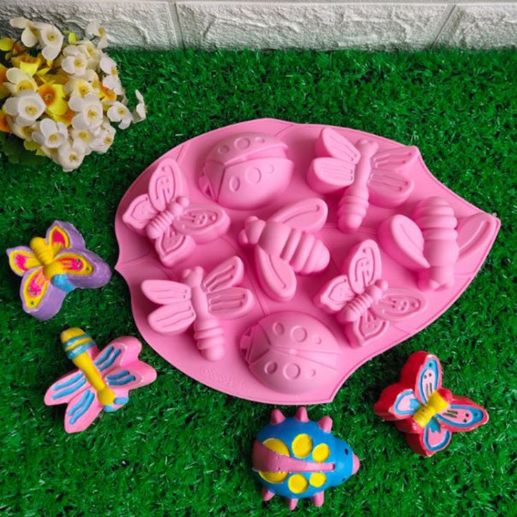 Khuôn bánh silica hình côn trùng 8 trong 1 gồm bướm, chuồn chuồn, bọ cánh cứng, màu hồng