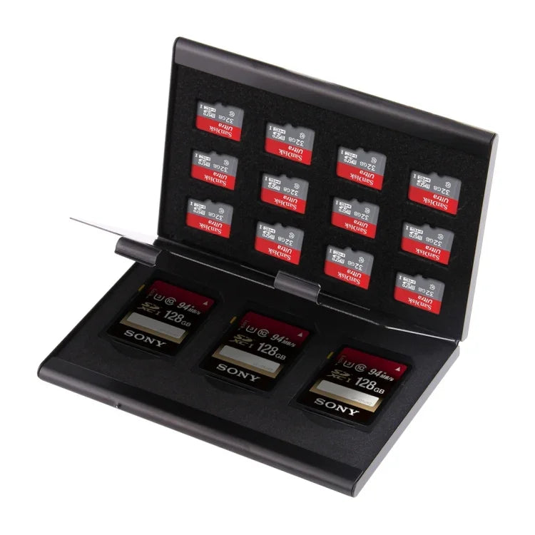 Hộp đựng bảo vệ thẻ nhớ hợp kim nhôm 15 trong 1 cho 3 thẻ SD + 12 thẻ TF, 3 SD + 12 TF màu đen