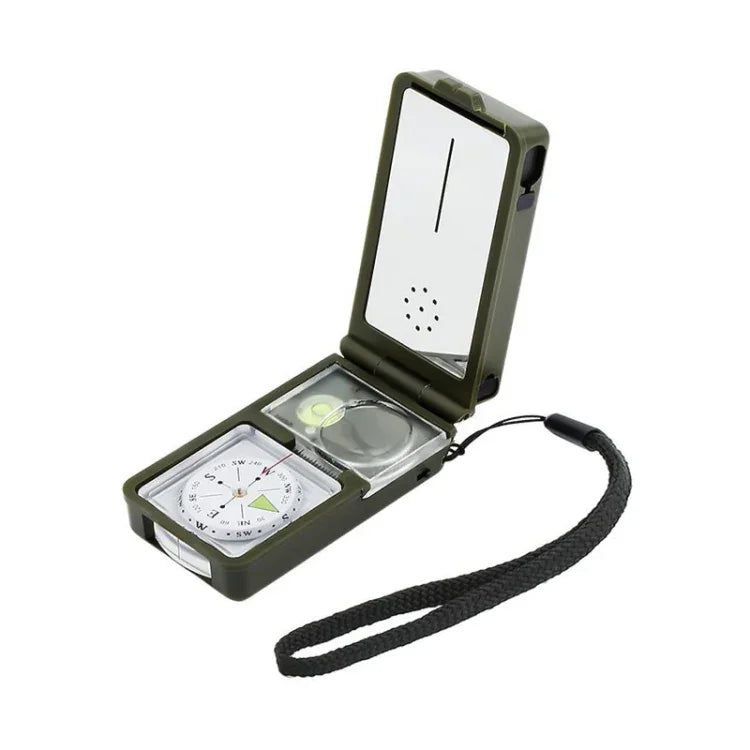 La bàn đa chức năng di động 10 trong 1 (Nhiệt kế, Đo độ ẩm, Đèn LED, Gương phản chiếu, Thước thủy, La bàn, Còi, Đá lửa, Kính lúp, Thước), 10 trong 1
