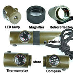 7 trong 1 (Còi sinh tồn / La bàn / Nhiệt kế / Đèn LED / Kính lúp / Phản quang / Dây), còi sinh tồn 7 trong 1