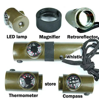 7 trong 1 (Còi sinh tồn / La bàn / Nhiệt kế / Đèn LED / Kính lúp / Phản quang / Dây), còi sinh tồn 7 trong 1