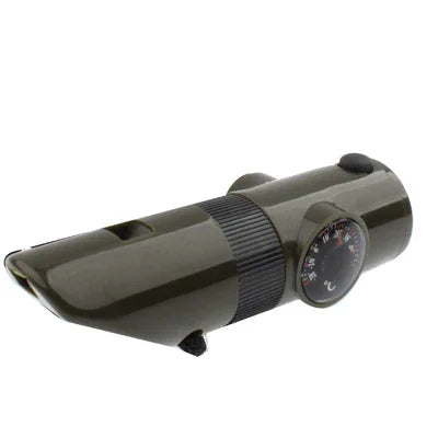 7 trong 1 (Còi sinh tồn / La bàn / Nhiệt kế / Đèn LED / Kính lúp / Phản quang / Dây), còi sinh tồn 7 trong 1