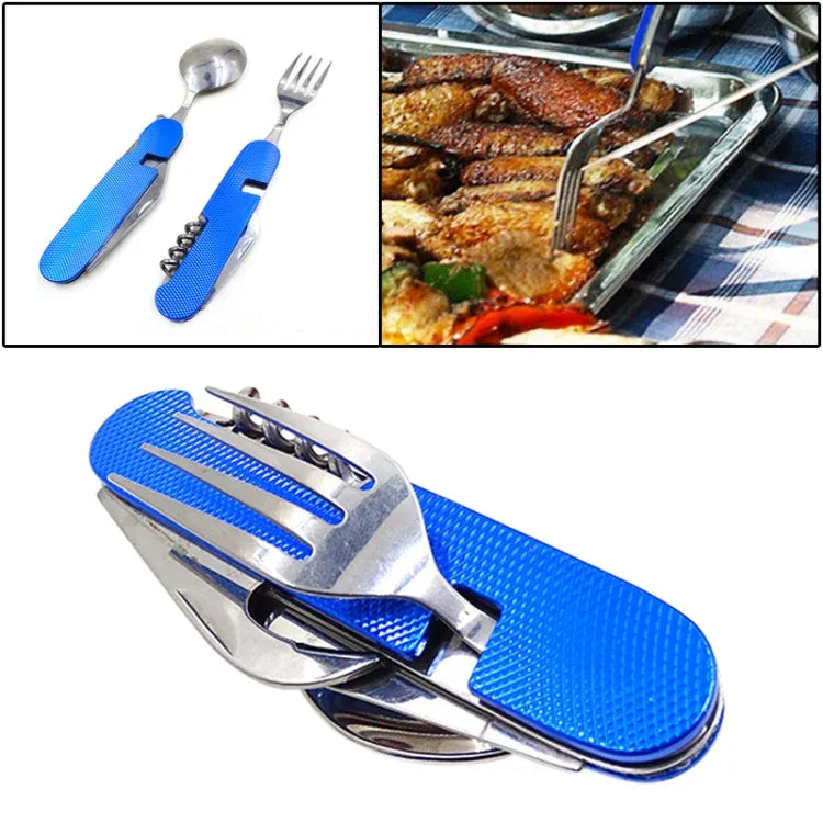 Bộ dao muỗng nĩa gấp gọn du lịch / cắm trại 6 trong 1 bằng thép không gỉ, gồm muỗng + nĩa + dao + bộ mở nắp chai