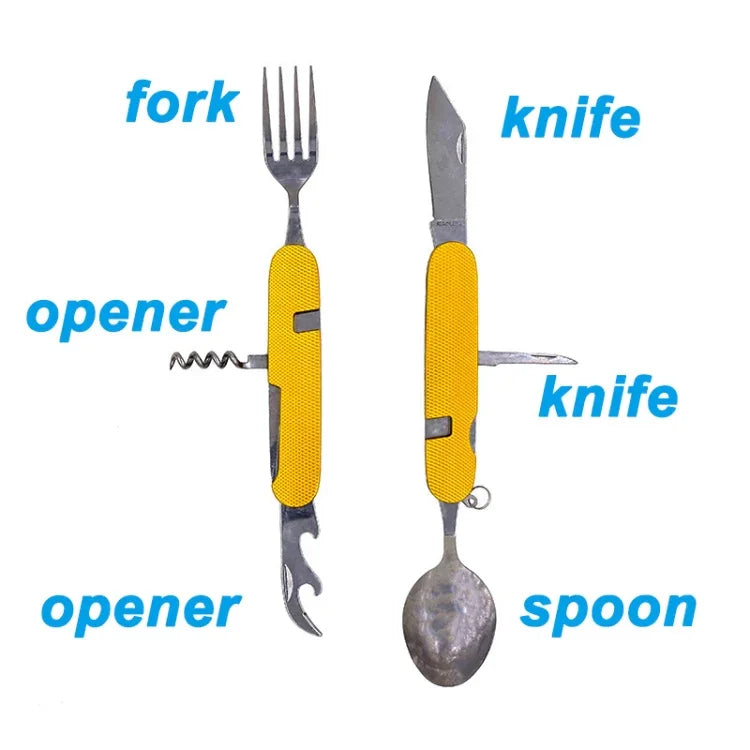 Bộ dao muỗng nĩa gấp gọn du lịch / cắm trại 6 trong 1 bằng thép không gỉ, gồm muỗng + nĩa + dao + bộ mở nắp chai