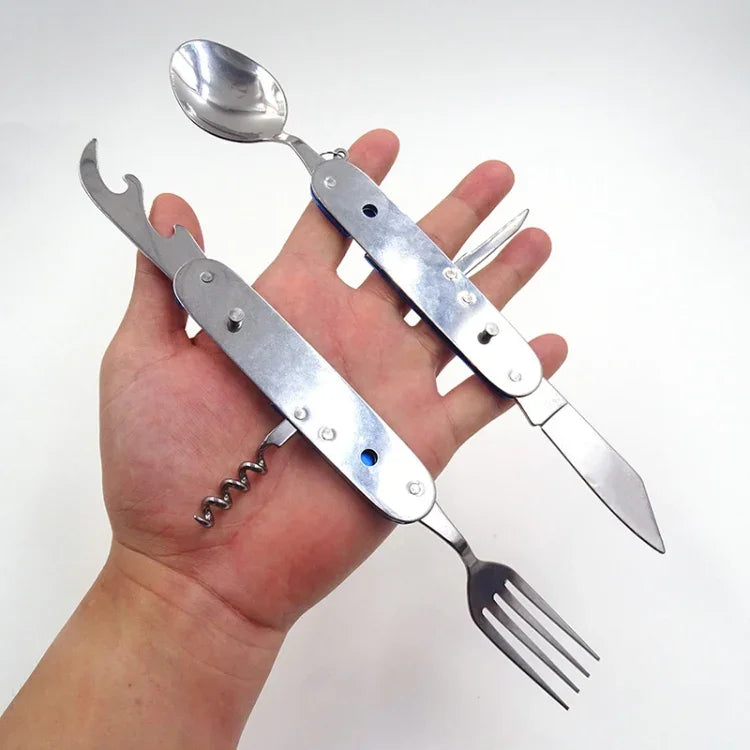 Bộ dao muỗng nĩa gấp gọn du lịch / cắm trại 6 trong 1 bằng thép không gỉ, gồm muỗng + nĩa + dao + bộ mở nắp chai
