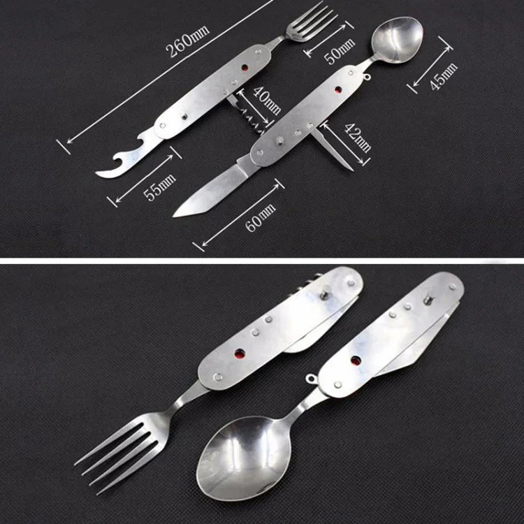 Bộ dao muỗng nĩa gấp gọn du lịch / cắm trại 6 trong 1 bằng thép không gỉ, gồm muỗng + nĩa + dao + bộ mở nắp chai