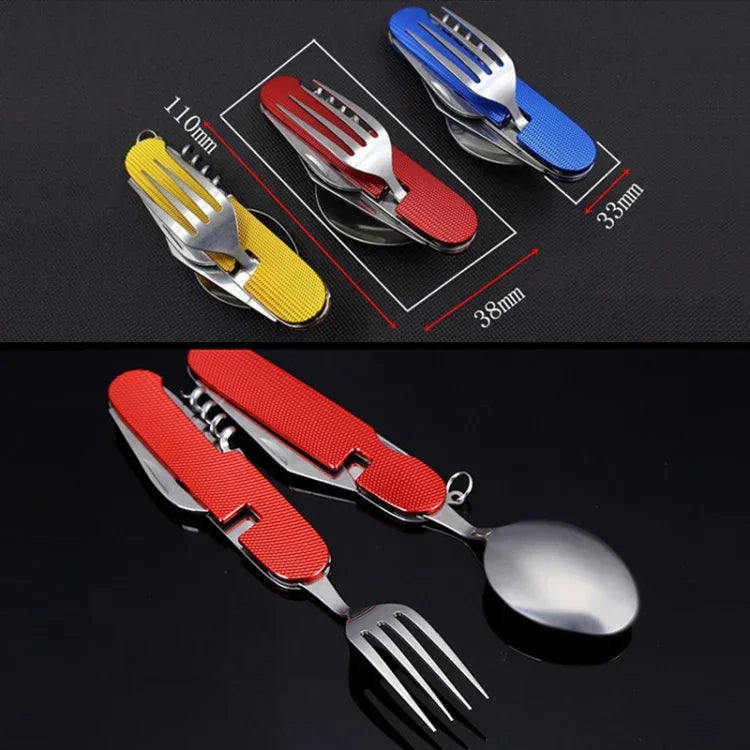 Bộ dao muỗng nĩa gấp gọn du lịch / cắm trại 6 trong 1 bằng thép không gỉ, gồm muỗng + nĩa + dao + bộ mở nắp chai