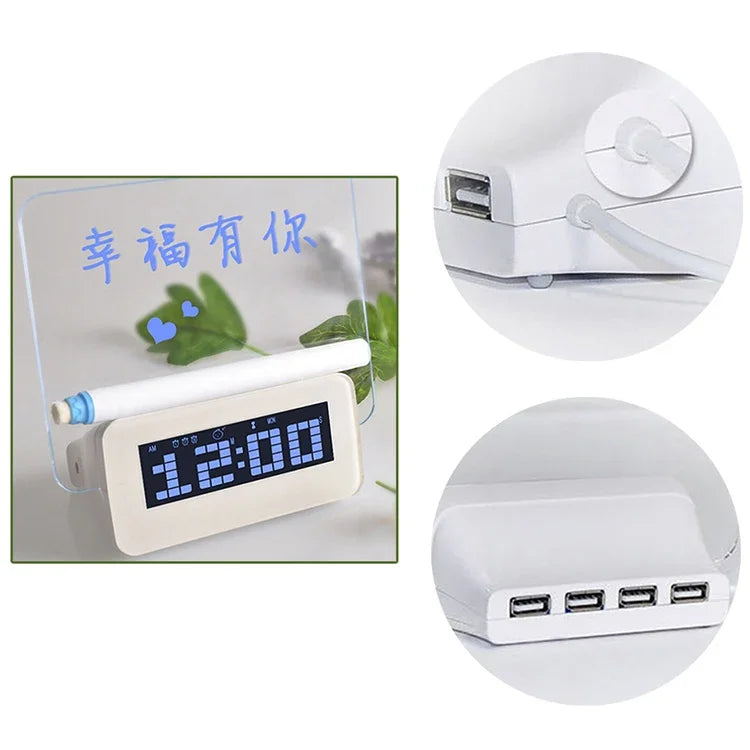 Đồng hồ báo thức kỹ thuật số LCD đa chức năng + HUB USB 4 cổng + Bảng tin nhắn với đèn nền LCD màu xanh dương hoặc xanh lá, Bảng tin nhắn USB