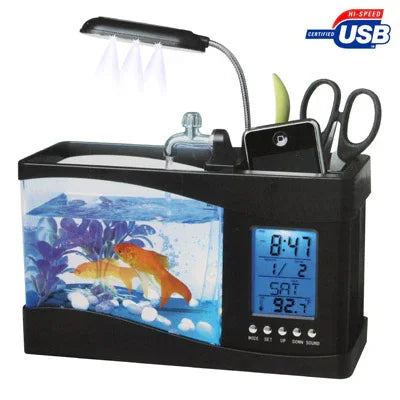 Bể cá mini để bàn USB có nước chảy và 6 đèn LED, màn hình LCD hiển thị đồng hồ với lịch, giờ và báo thức (chứa 1.5 lít nước)