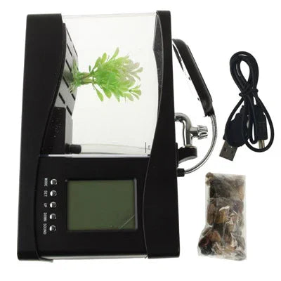 Bể cá mini để bàn USB có nước chảy và 6 đèn LED, màn hình LCD hiển thị đồng hồ với lịch, giờ và báo thức (chứa 1.5 lít nước)