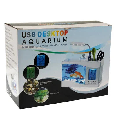 Bể cá mini để bàn USB có nước chảy và 6 đèn LED, màn hình LCD hiển thị đồng hồ với lịch, giờ và báo thức (chứa 1.5 lít nước)