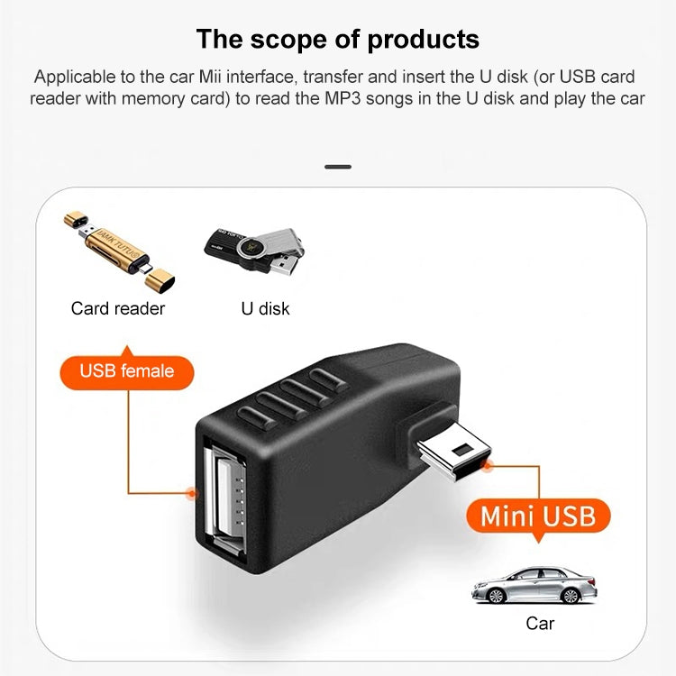 Bộ chuyển đổi Mini USB đực sang USB 2.0 AF, hỗ trợ chức năng OTG, góc trái 90 độ, góc phải 90 độ