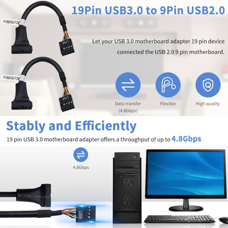 Cáp chuyển đổi bo mạch chủ USB 2.0 9 chân cái sang USB 3.0 19 chân đực, dài 15cm, 9 chân cái sang 19 chân đực