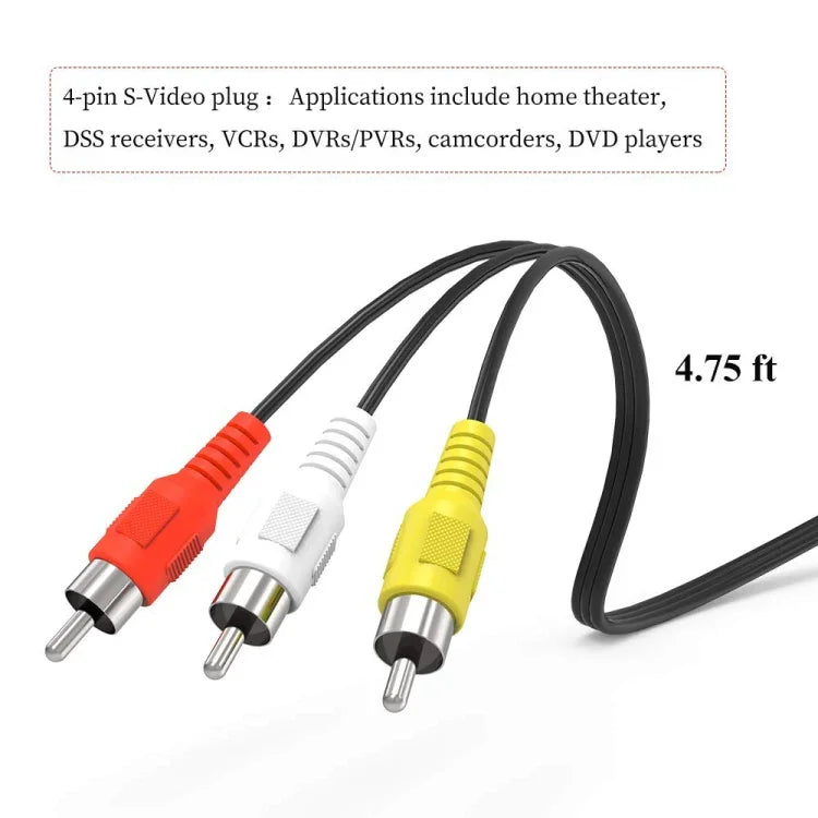Cáp Chuyển Đổi TV S-Video 4 Chân sang 3 RCA AV Đầu Đực, Chiều Dài: 1.5M, S-Video sang AV 3RCA Đầu Đực