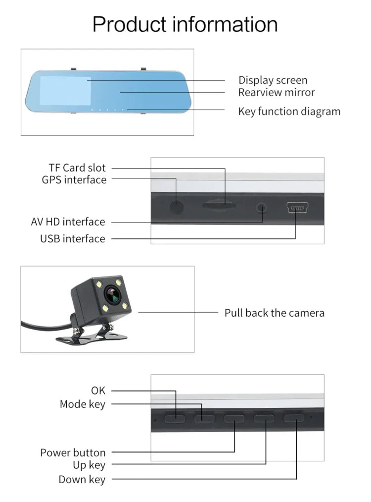 Máy ghi hình xe ô tô màn hình 4.3 inch Full HD 1080P 2 camera, góc nhìn rộng 140 độ, hỗ trợ nhìn ban đêm / giám sát đỗ xe / ghi vòng lặp / phát hiện chuyển động / cảm biến G / thẻ TF, 4.3 inch