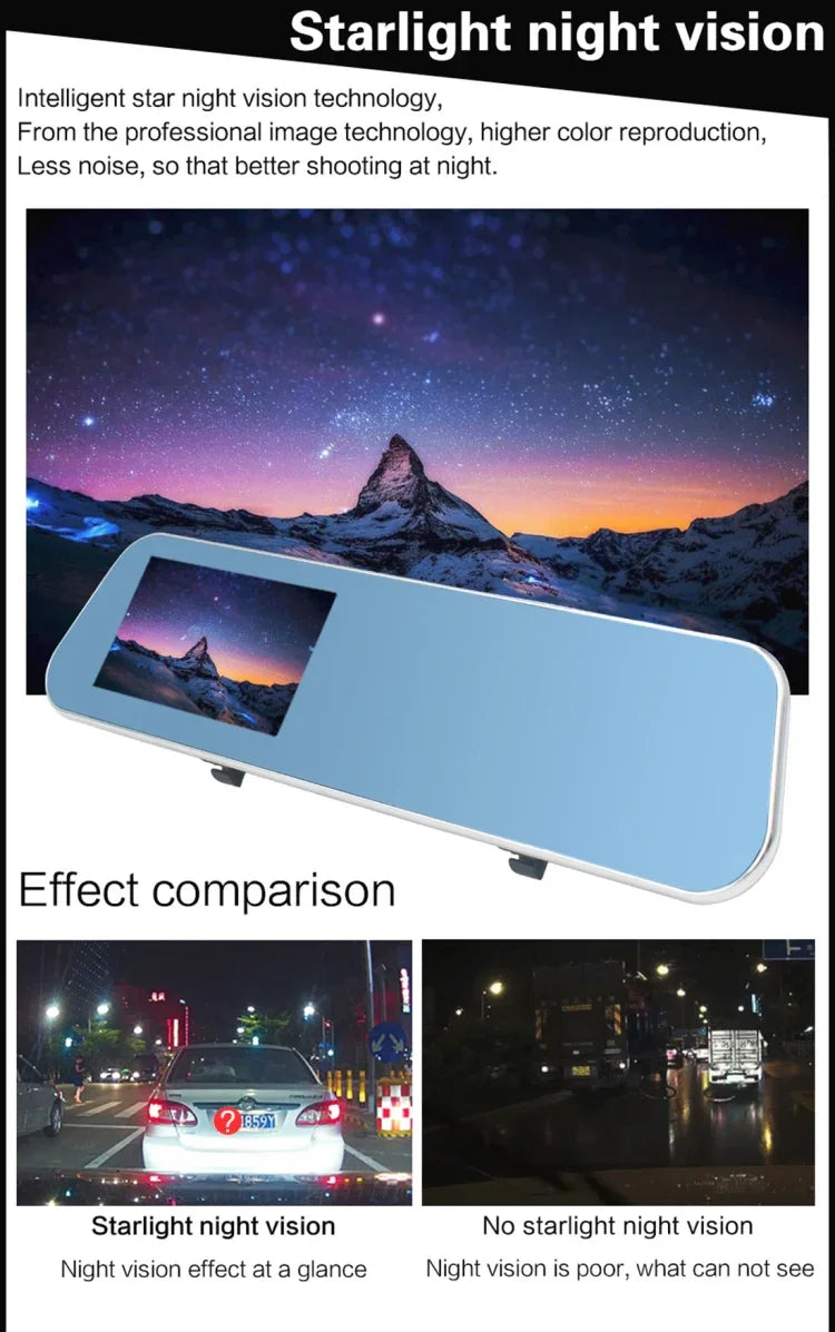 Máy ghi hình xe ô tô màn hình 4.3 inch Full HD 1080P 2 camera, góc nhìn rộng 140 độ, hỗ trợ nhìn ban đêm / giám sát đỗ xe / ghi vòng lặp / phát hiện chuyển động / cảm biến G / thẻ TF, 4.3 inch