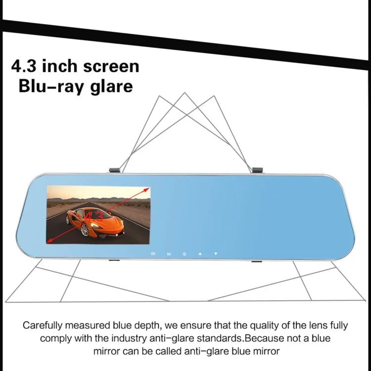 Máy ghi hình xe ô tô màn hình 4.3 inch Full HD 1080P 2 camera, góc nhìn rộng 140 độ, hỗ trợ nhìn ban đêm / giám sát đỗ xe / ghi vòng lặp / phát hiện chuyển động / cảm biến G / thẻ TF, 4.3 inch