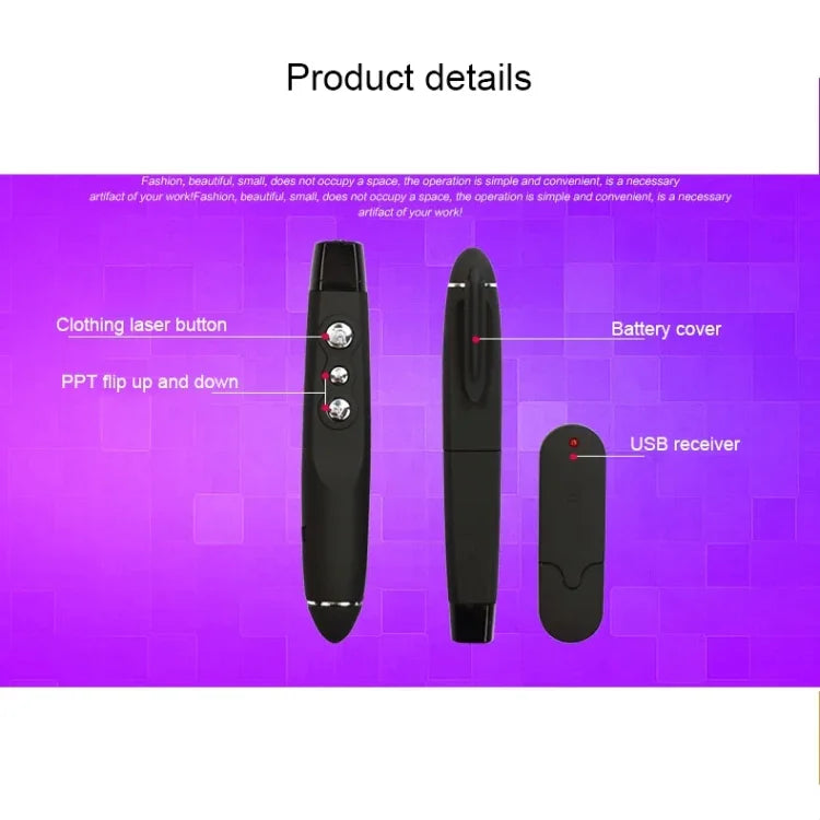 PP-1000 Bút clicker trình chiếu đa phương tiện PowerPoint không dây 2.4GHz RF với con trỏ laser và đầu thu USB