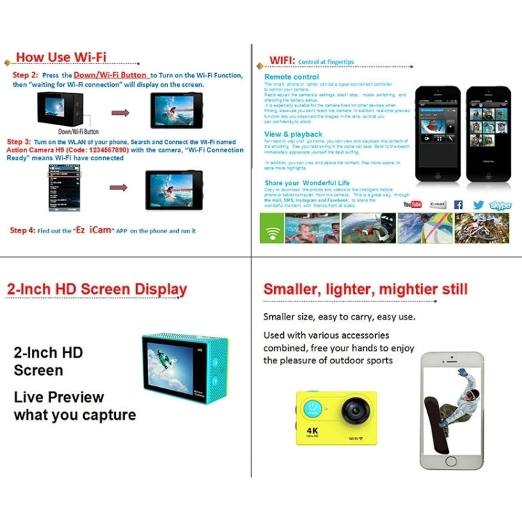 H9 Camera Thể Thao WiFi Màn Hình LCD 2 inch 12MP 4K Ultra HD1080P, Ống Kính Góc Rộng 170 Độ, Chống Nước 30m, H9 4K (Màu Đen)