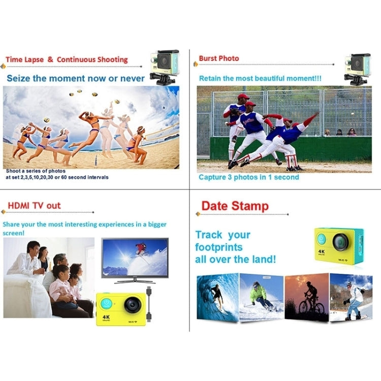 H9 Camera Thể Thao WiFi Màn Hình LCD 2 inch 12MP 4K Ultra HD1080P, Ống Kính Góc Rộng 170 Độ, Chống Nước 30m, H9 4K (Màu Đen)
