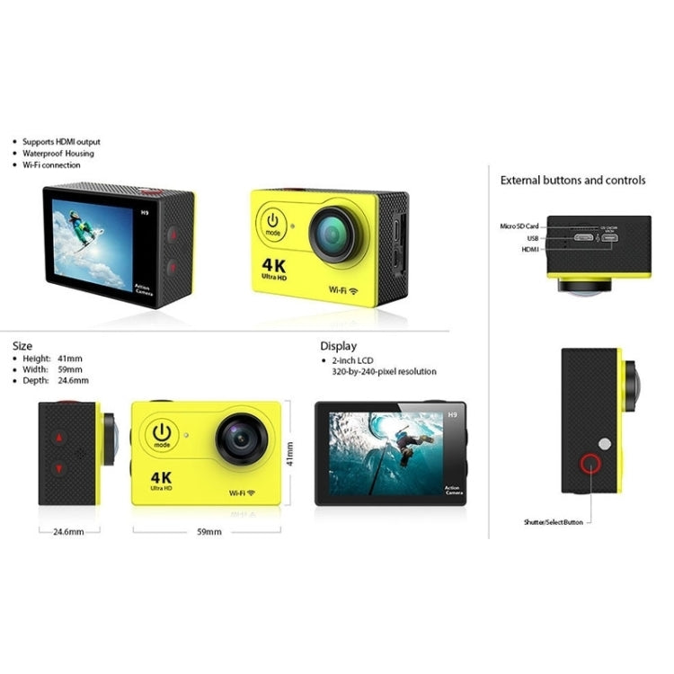 H9 Camera Thể Thao WiFi Màn Hình LCD 2 inch 12MP 4K Ultra HD1080P, Ống Kính Góc Rộng 170 Độ, Chống Nước 30m, H9 4K (Màu Đen)