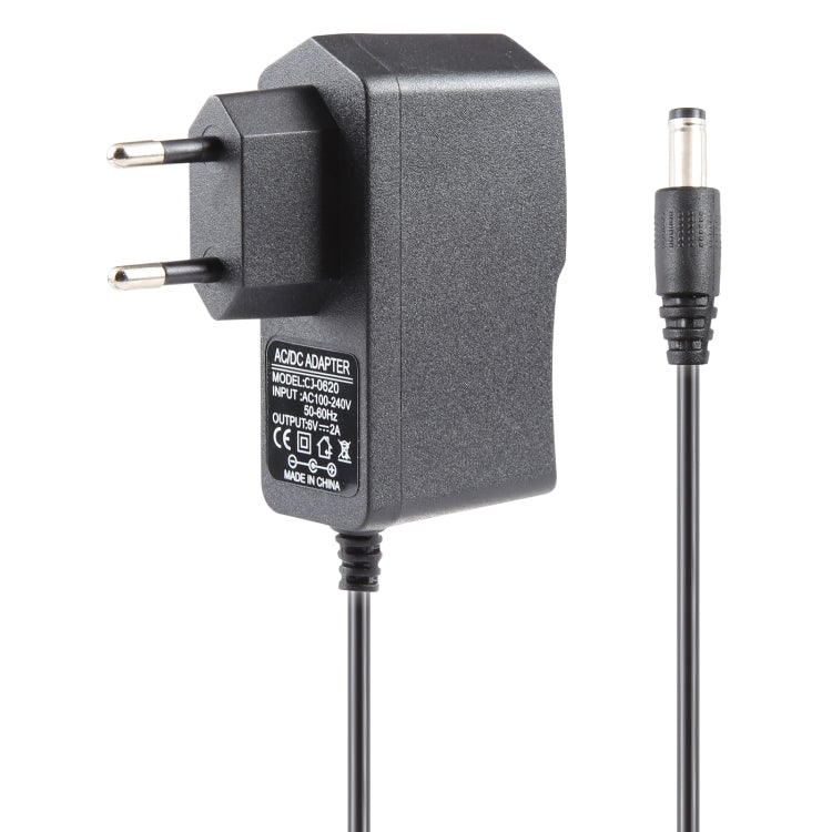 Bộ chuyển đổi nguồn phích cắm EU AC 100-240V sang DC 6V 2A, Đầu nối: 5.5 x 2.1mm, Chiều dài cáp: 1.1m, Phích cắm EU DC 6V 2A